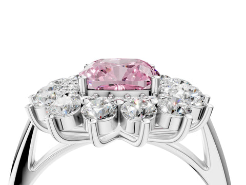 White gold Fancy Pink Cushion Cut Halo Cluster Diamond Ring with Pave Band and Four-Prong Setting_4