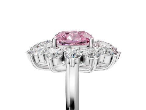 White gold Fancy Pink Cushion Cut Halo Cluster Diamond Ring with Pave Band and Four-Prong Setting_5