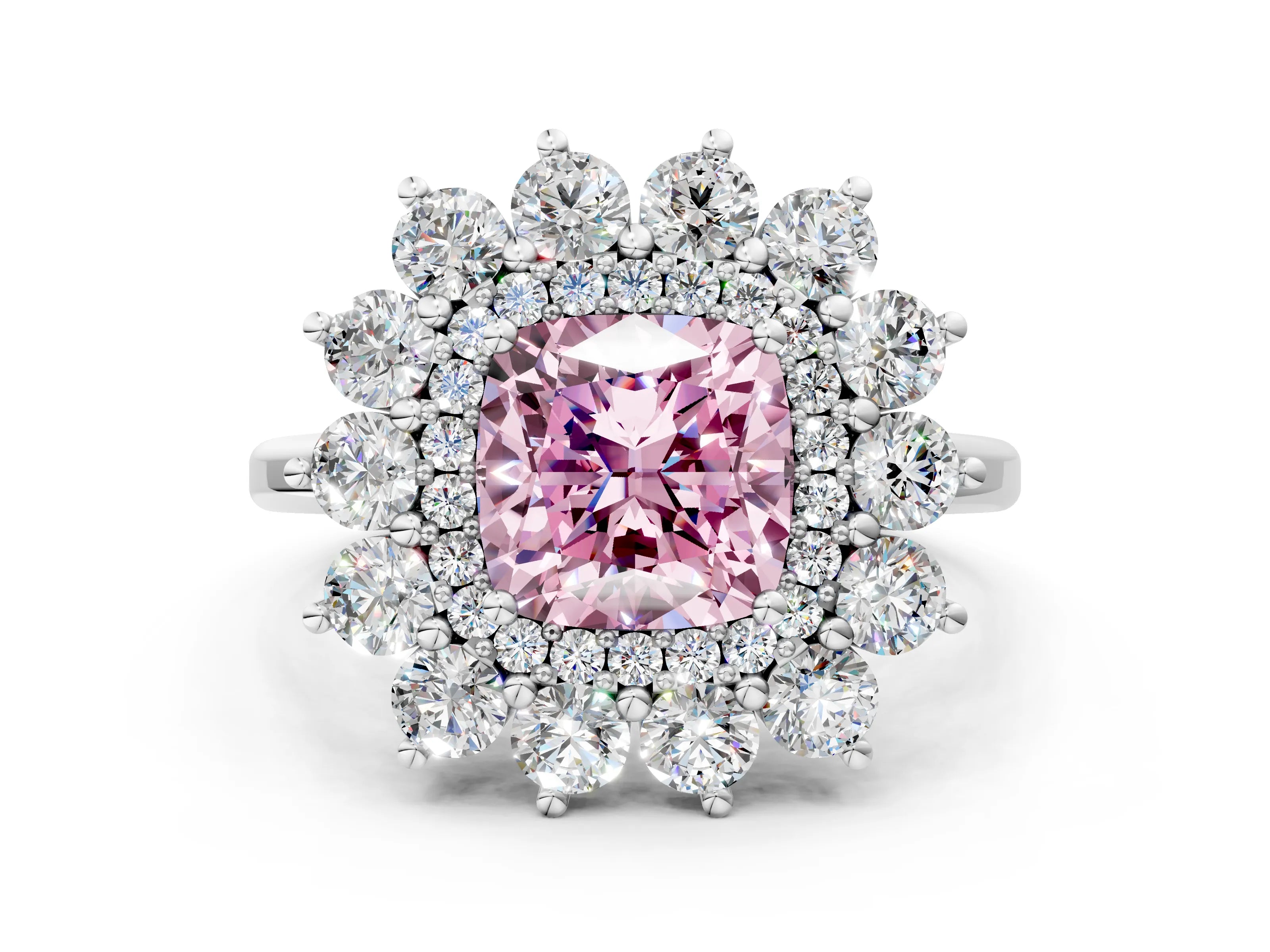 White gold Fancy Pink Cushion Cut Halo Cluster Diamond Ring with Pave Band and Four-Prong Setting