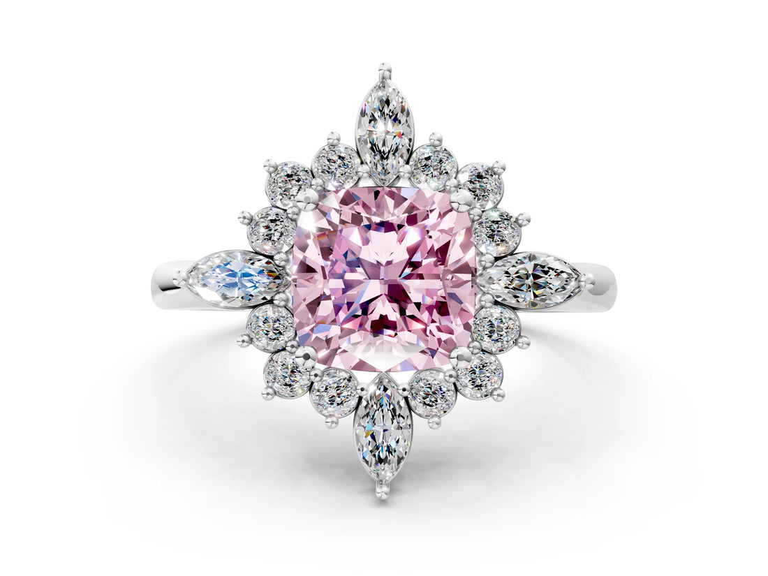 White gold Fancy Pink Cushion Cut Halo Diamond Cluster Ring with Marquise and Round Stones on a White Gold Band with Prong Setting