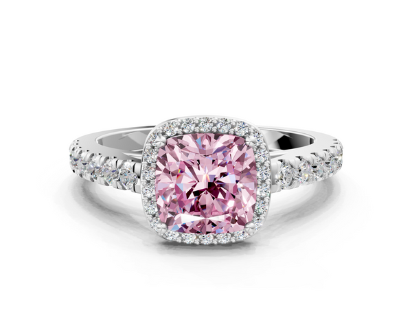 White gold Fancy Pink Cushion  Cut Halo Diamond Engagement Ring with Pave Band and Four-Prong Setting