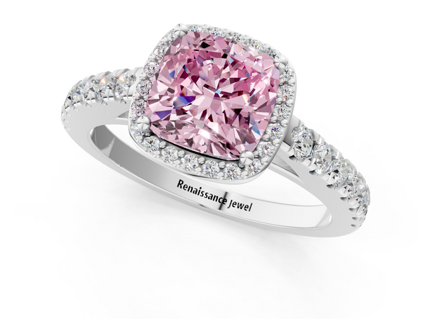 White gold Fancy Pink Cushion  Cut Halo Diamond Engagement Ring with Pave Band and Four-Prong Setting