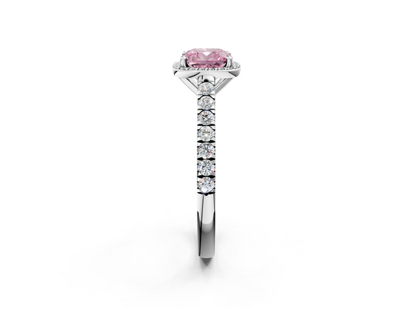 White gold Fancy Pink Cushion  Cut Halo Diamond Engagement Ring with Pave Band and Four-Prong Setting