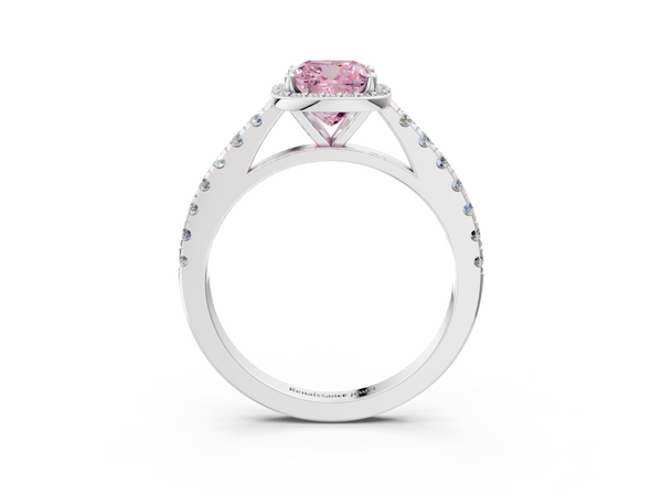 White gold Fancy Pink Cushion  Cut Halo Diamond Engagement Ring with Pave Band and Four-Prong Setting