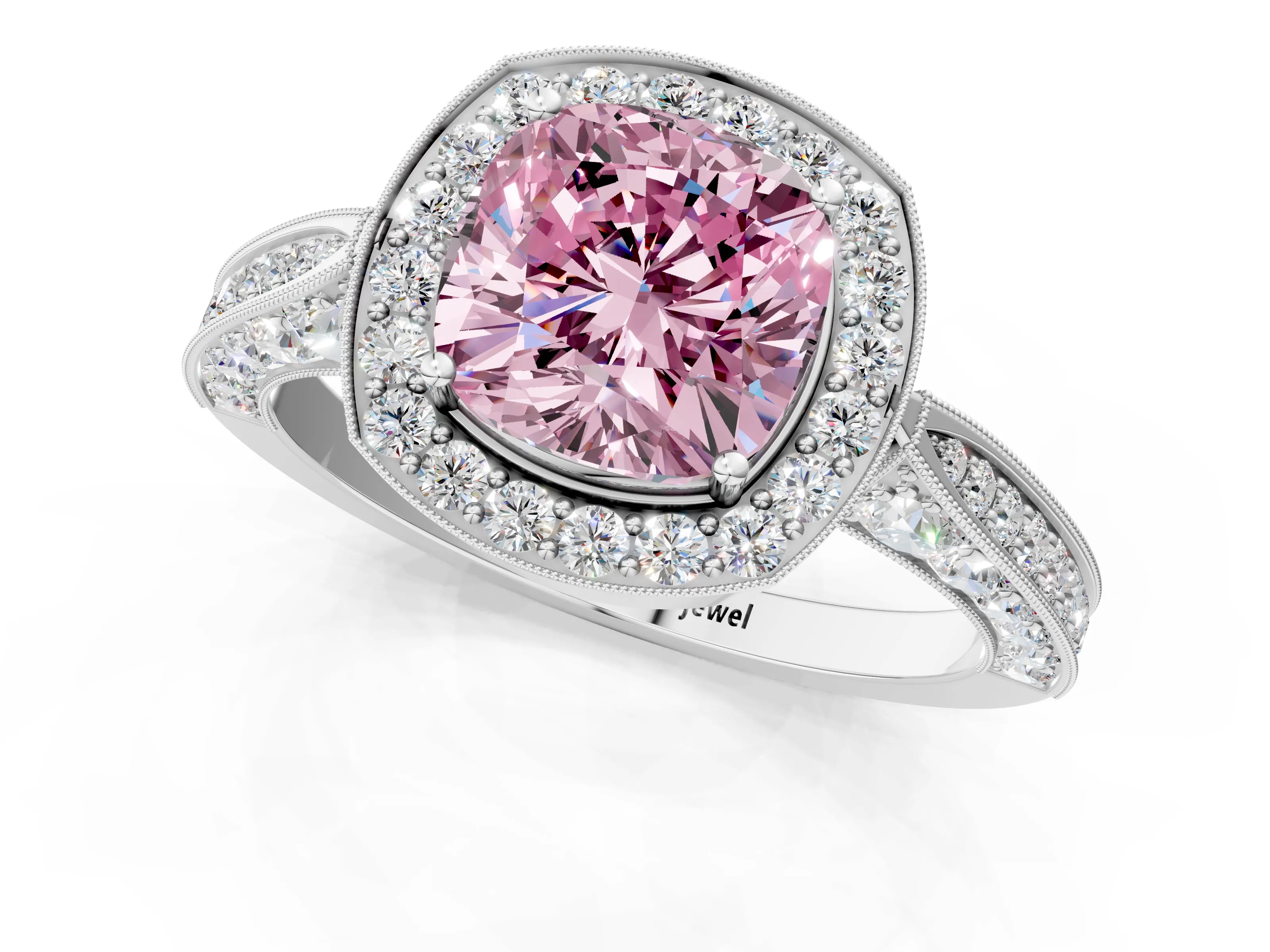 White gold Fancy Pink Cushion Cut Halo Diamond Engagement Ring with Split Shank Band and Four-Prong Setting_1