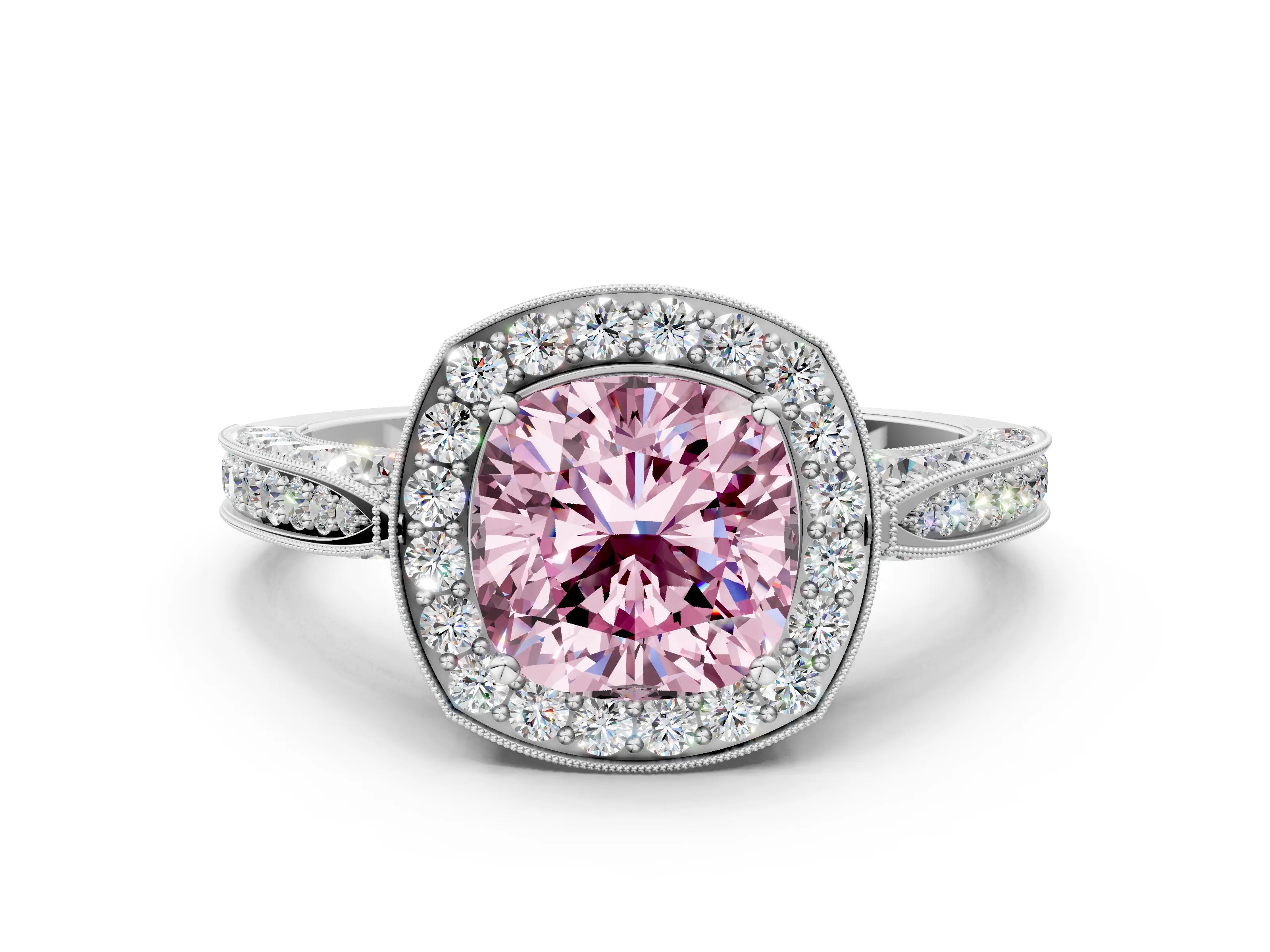 White gold Fancy Pink Cushion Cut Halo Diamond Engagement Ring with Split Shank Band and Four-Prong Setting_12