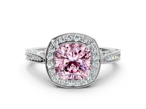 White gold Fancy Pink Cushion Cut Halo Diamond Engagement Ring with Split Shank Band and Four-Prong Setting