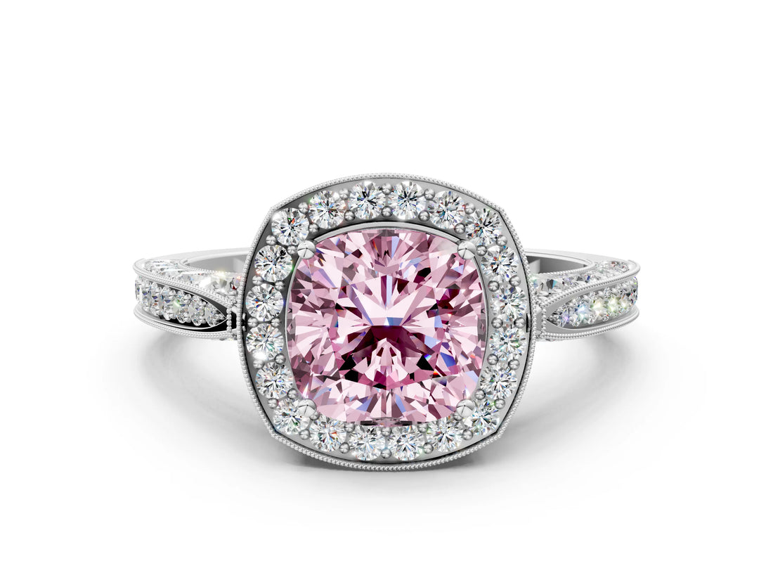 White gold Fancy Pink Cushion Cut Halo Diamond Engagement Ring with Split Shank Band and Four-Prong Setting_12