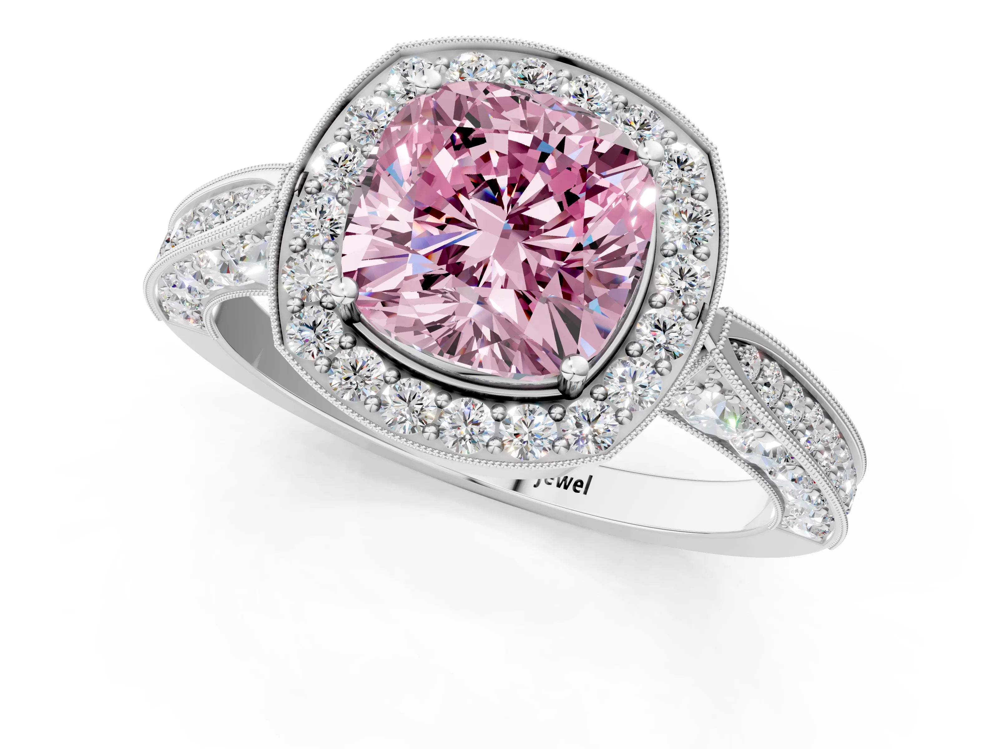 White gold Fancy Pink Cushion Cut Halo Diamond Engagement Ring with Split Shank Band and Four-Prong Setting_13