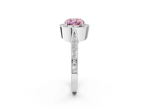 White gold Fancy Pink Cushion Cut Halo Diamond Engagement Ring with Split Shank Band and Four-Prong Setting