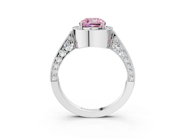White gold Fancy Pink Cushion Cut Halo Diamond Engagement Ring with Split Shank Band and Four-Prong Setting