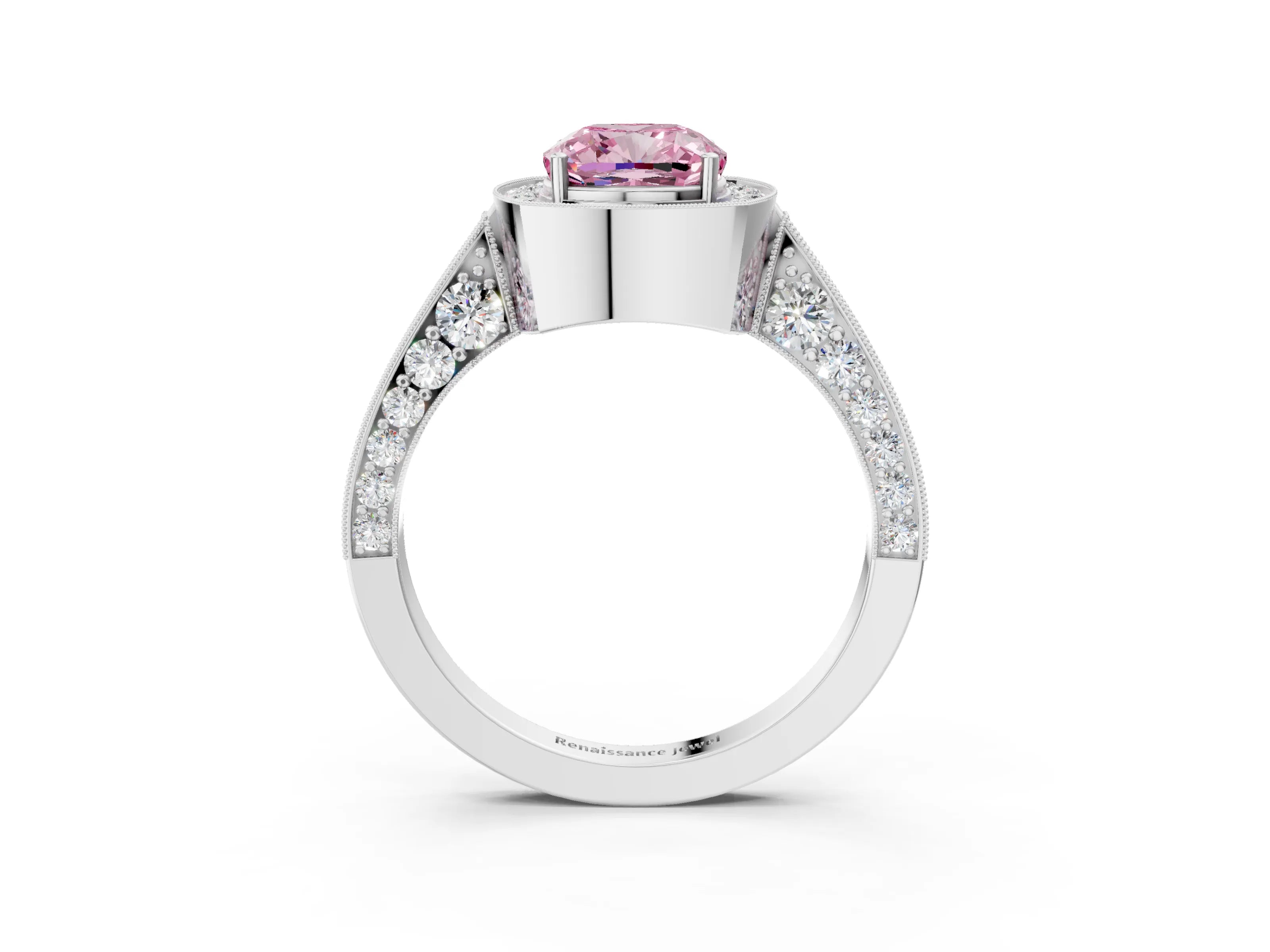 White gold Fancy Pink Cushion Cut Halo Diamond Engagement Ring with Split Shank Band and Four-Prong Setting_15
