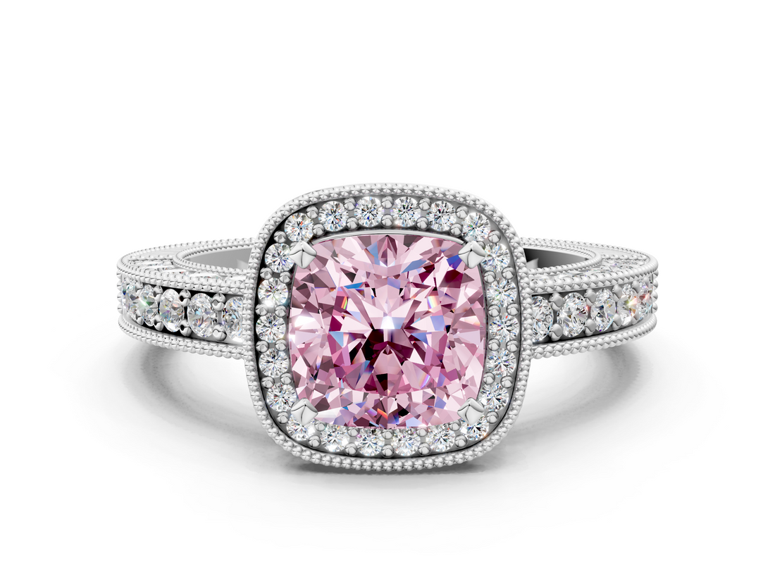 White gold Fancy Pink Cushion  Cut Halo Diamond Pave Band Ring with Four-Prong Setting_44