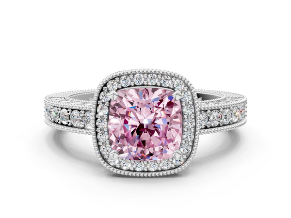 White gold Fancy Pink Cushion  Cut Halo Diamond Pave Band Ring with Four-Prong Setting