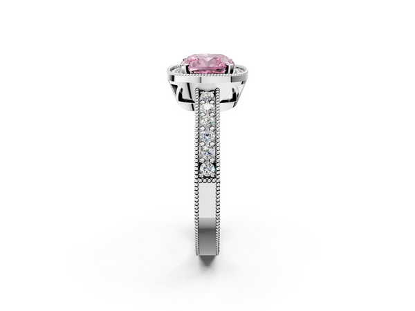 White gold Fancy Pink Cushion  Cut Halo Diamond Pave Band Ring with Four-Prong Setting
