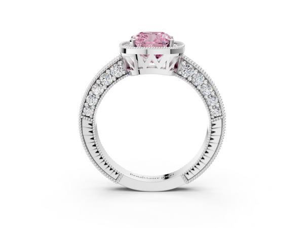 White gold Fancy Pink Cushion  Cut Halo Diamond Pave Band Ring with Four-Prong Setting