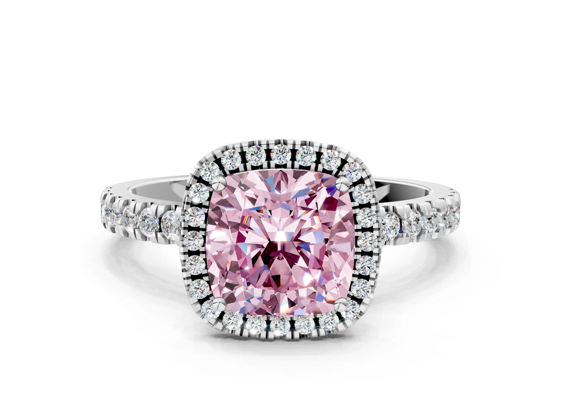 White gold Fancy Pink Cushion Cut Halo Diamond Pave Band with Prong Setting_12
