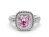 White gold Fancy Pink Cushion Cut Halo Diamond Ring with Beaded Split Shank and Four-Prong Setting