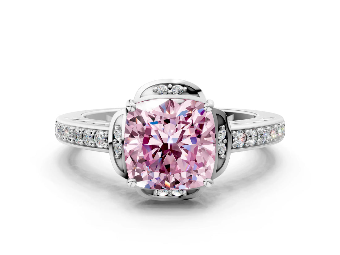 White gold Fancy Pink Cushion  Cut Halo Diamond Ring with Channel Set Band and Four-Prong Setting_32
