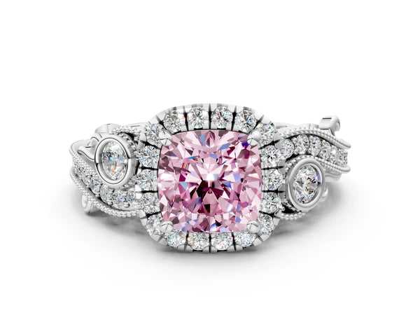 Platinum Fancy Pink Cushion Cut Halo Diamond Ring with Milgrain and Bezel Accents on a Split Shank Band