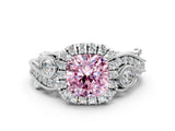 White gold Fancy Pink Cushion Cut Halo Diamond Ring with Milgrain and Bezel Accents on a Split Shank Band_12