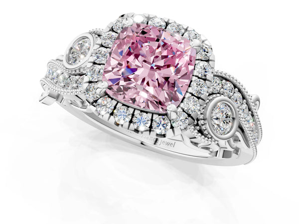 Platinum Fancy Pink Cushion Cut Halo Diamond Ring with Milgrain and Bezel Accents on a Split Shank Band