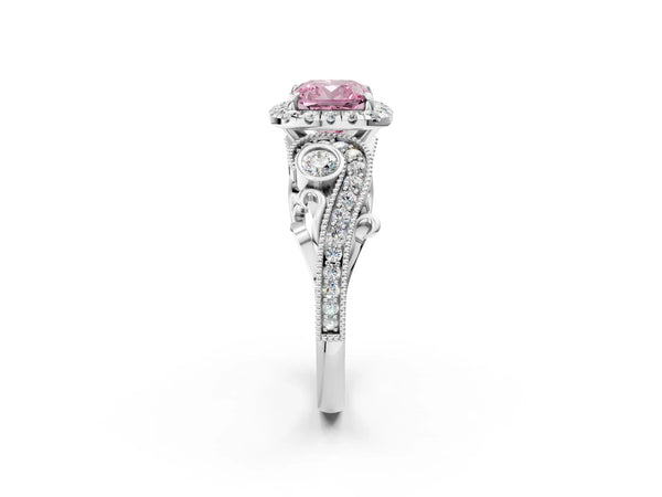 Platinum Fancy Pink Cushion Cut Halo Diamond Ring with Milgrain and Bezel Accents on a Split Shank Band