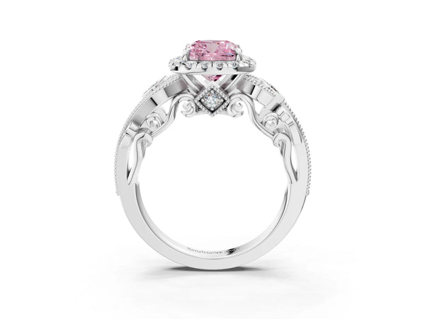 Platinum Fancy Pink Cushion Cut Halo Diamond Ring with Milgrain and Bezel Accents on a Split Shank Band