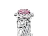 White gold Fancy Pink Cushion Cut Halo Diamond Ring with Milgrain and Bezel Accents on a Split Shank Band_17