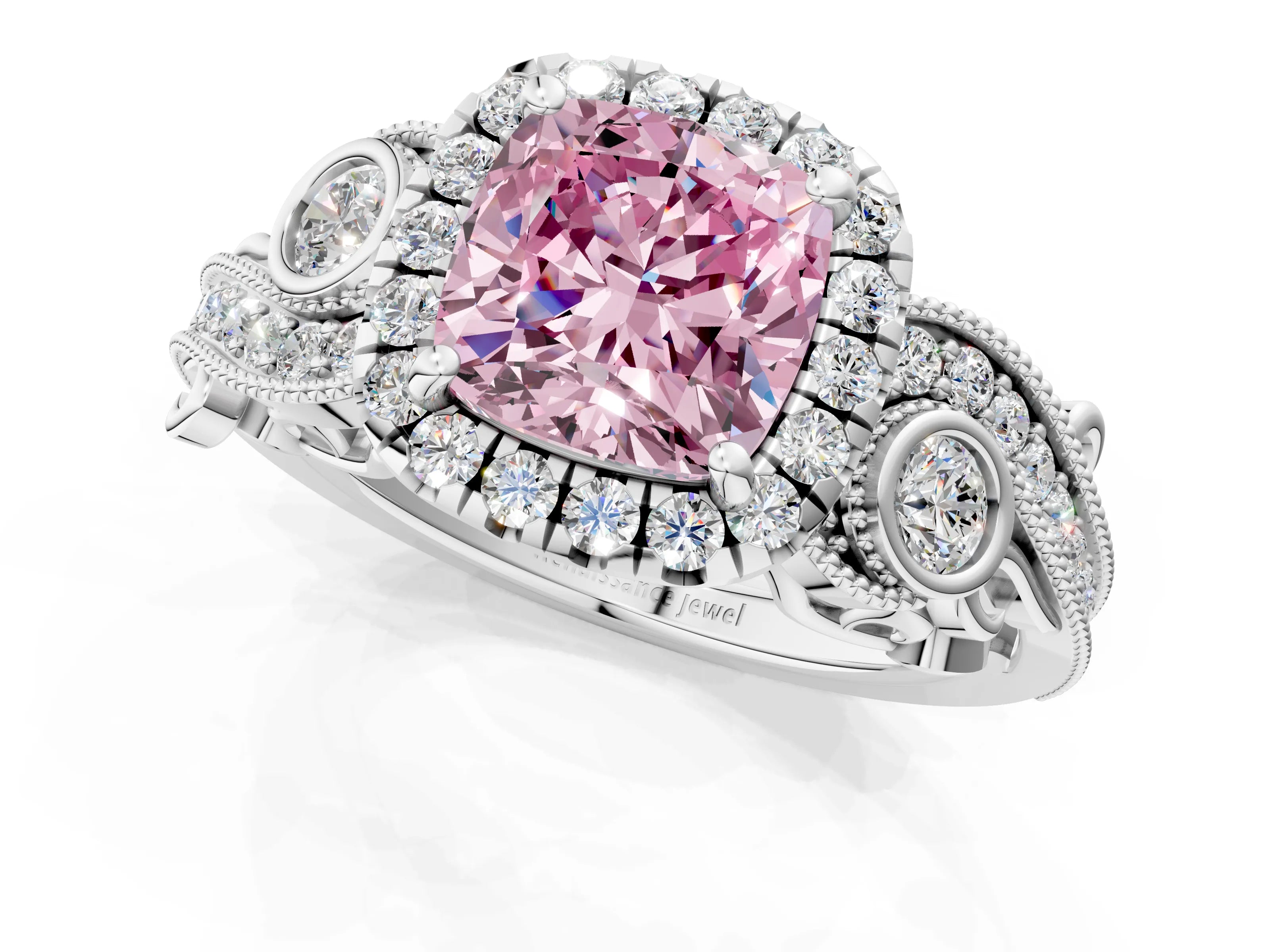 White gold Fancy Pink Cushion Cut Halo Diamond Ring with Milgrain and Bezel Accents on a Split Shank Band_1
