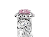 White gold Fancy Pink Cushion Cut Halo Diamond Ring with Milgrain and Bezel Accents on a Split Shank Band_29