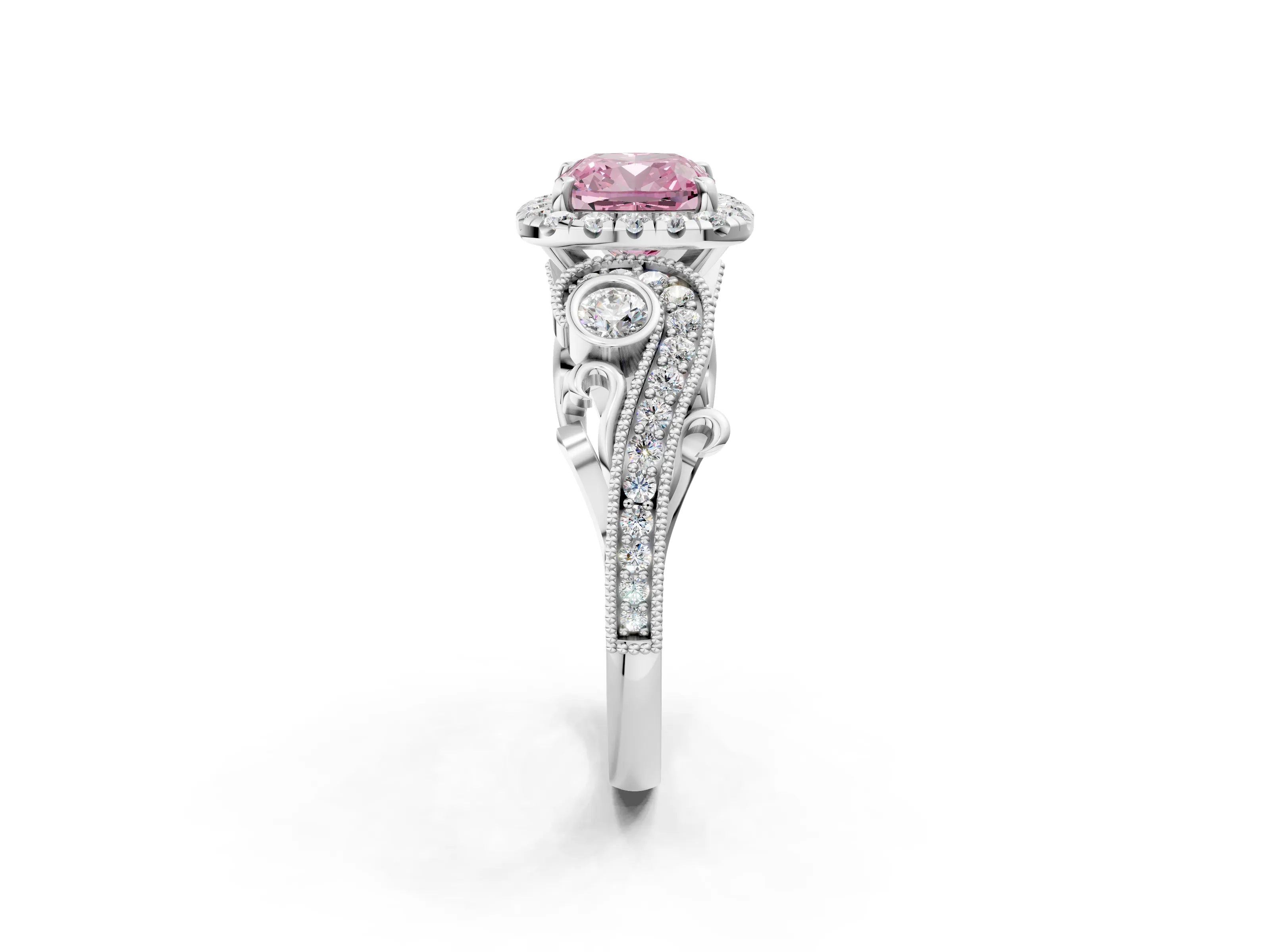White gold Fancy Pink Cushion Cut Halo Diamond Ring with Milgrain and Bezel Accents on a Split Shank Band_2