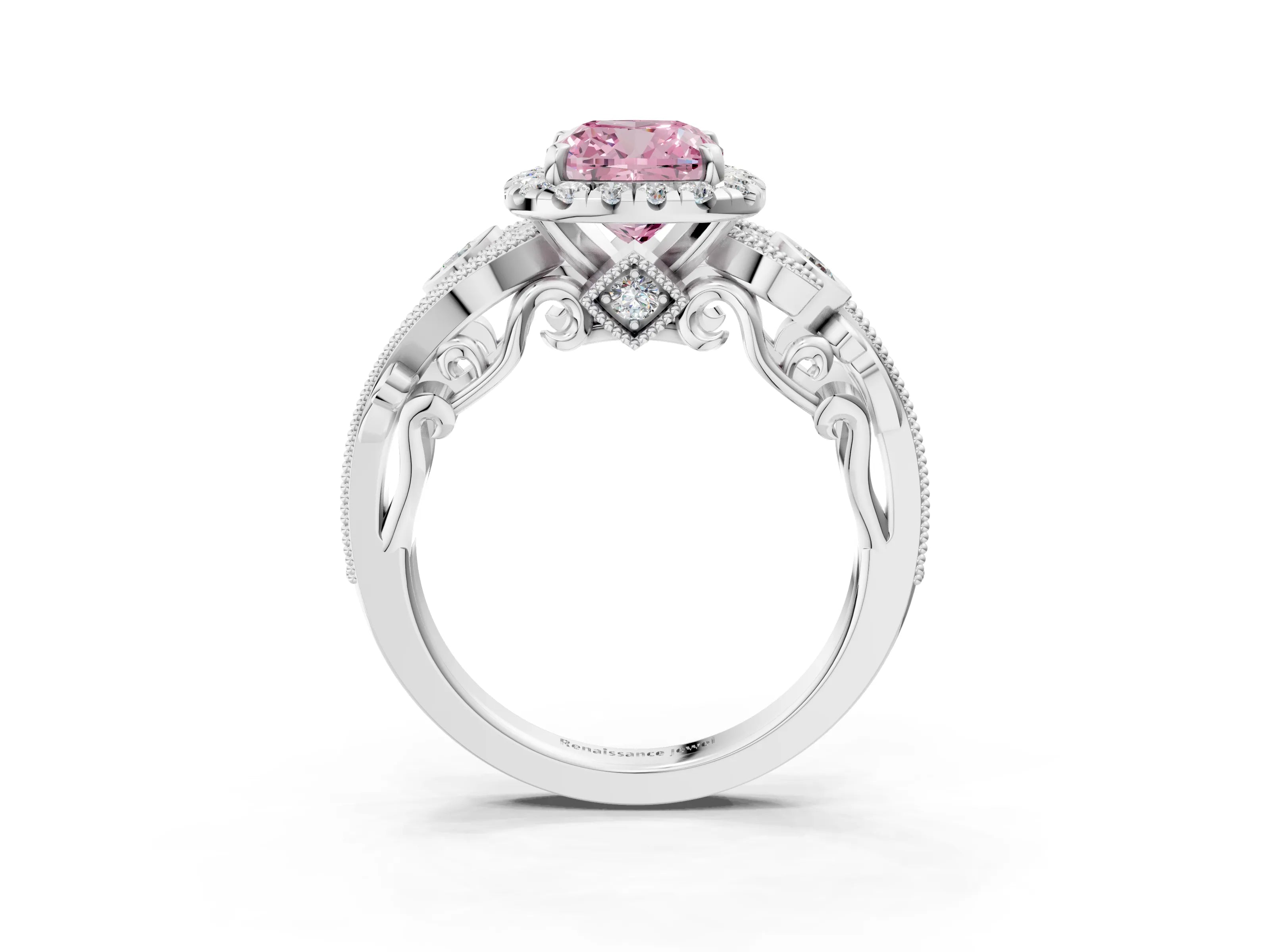 White gold Fancy Pink Cushion Cut Halo Diamond Ring with Milgrain and Bezel Accents on a Split Shank Band_3