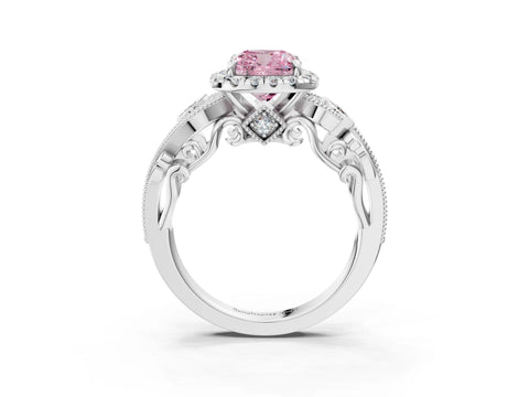 White gold Fancy Pink Cushion Cut Halo Diamond Ring with Milgrain and Bezel Accents on a Split Shank Band_3