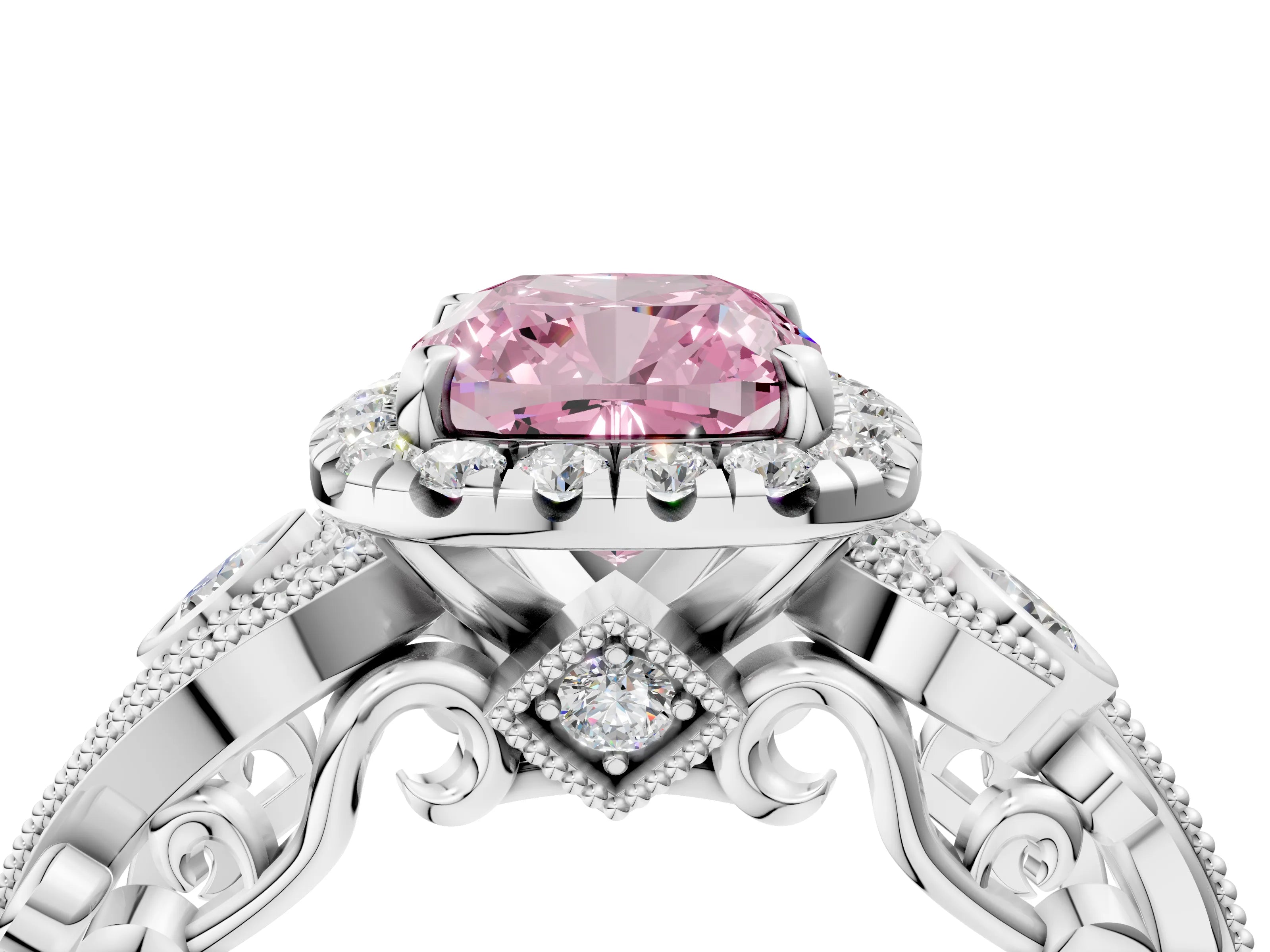 White gold Fancy Pink Cushion Cut Halo Diamond Ring with Milgrain and Bezel Accents on a Split Shank Band_4