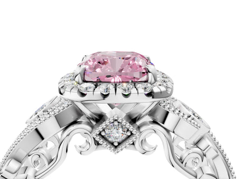 White gold Fancy Pink Cushion Cut Halo Diamond Ring with Milgrain and Bezel Accents on a Split Shank Band_4