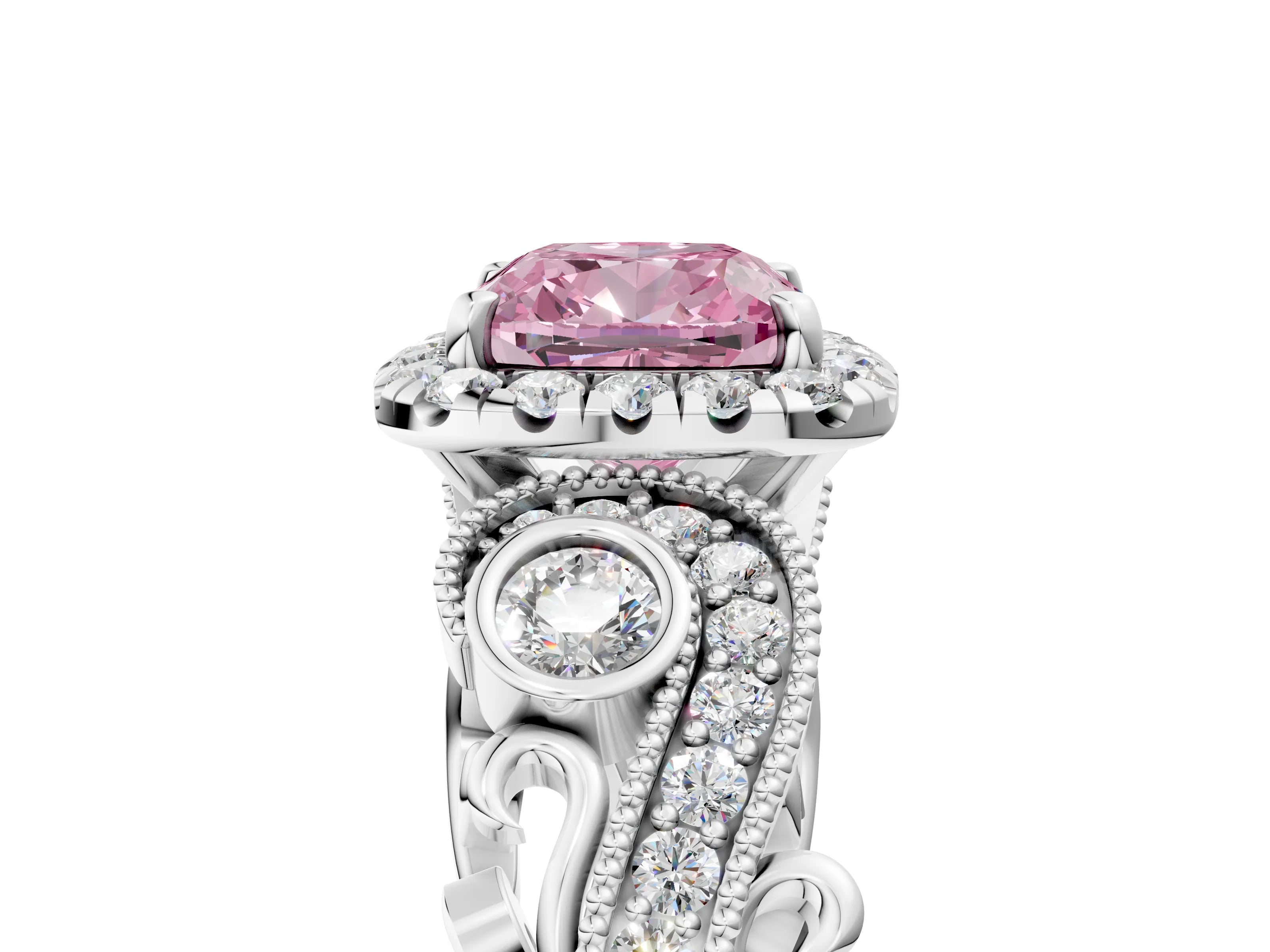 White gold Fancy Pink Cushion Cut Halo Diamond Ring with Milgrain and Bezel Accents on a Split Shank Band_5