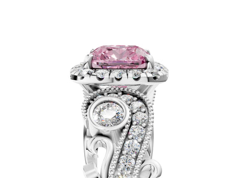 White gold Fancy Pink Cushion Cut Halo Diamond Ring with Milgrain and Bezel Accents on a Split Shank Band_5