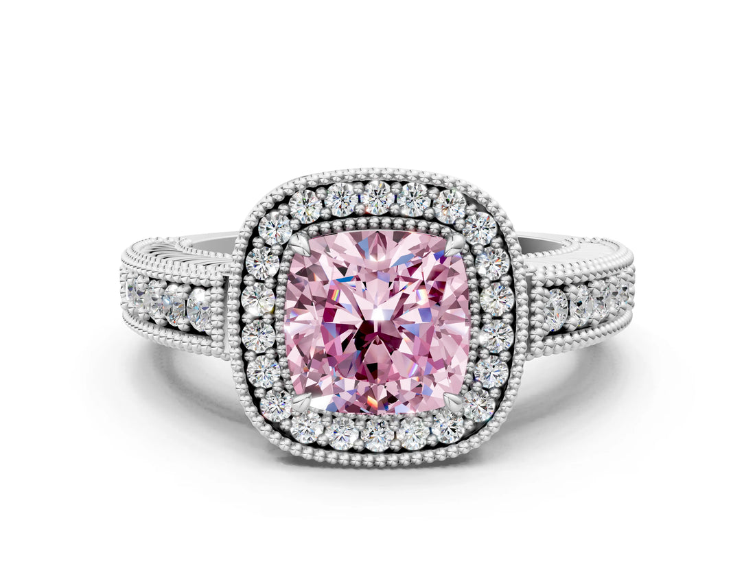 White gold Fancy Pink Cushion  Cut Halo Diamond Ring with Pavé Band and Four-Prong Setting_61