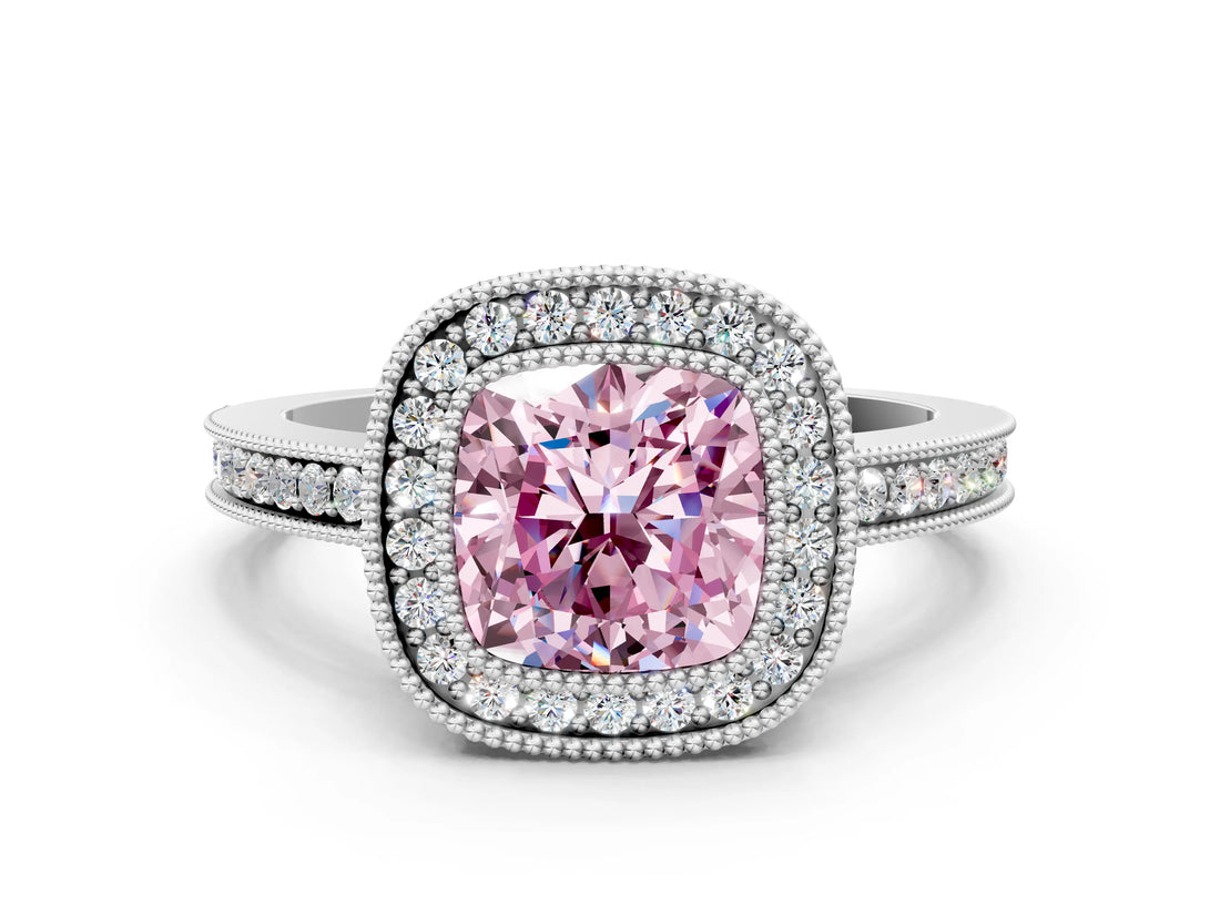 White gold Fancy Pink Cushion  Cut Halo Diamond Ring with Pavé Band and Milgrain Prong Setting_32