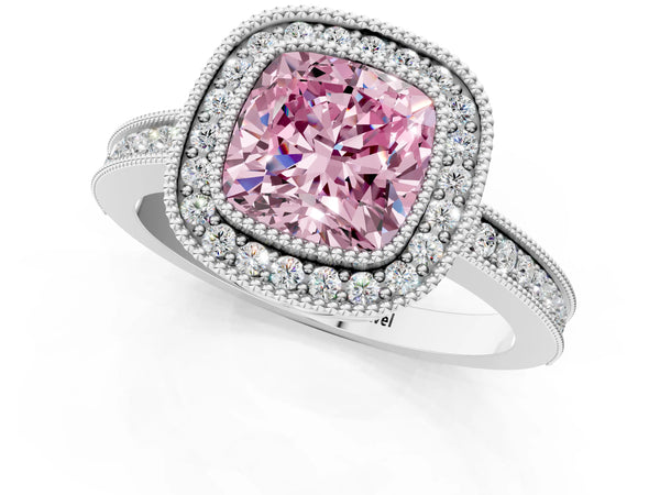 Platinum Fancy Pink Cushion  Cut Halo Diamond Ring with Pavé Band and Milgrain Prong Setting
