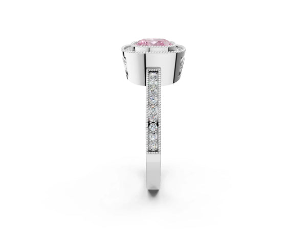 Platinum Fancy Pink Cushion  Cut Halo Diamond Ring with Pavé Band and Milgrain Prong Setting