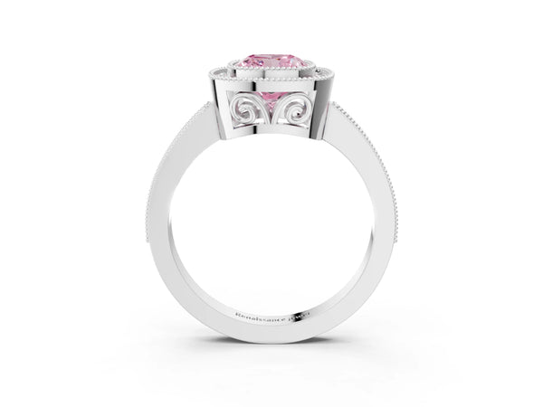 Platinum Fancy Pink Cushion  Cut Halo Diamond Ring with Pavé Band and Milgrain Prong Setting