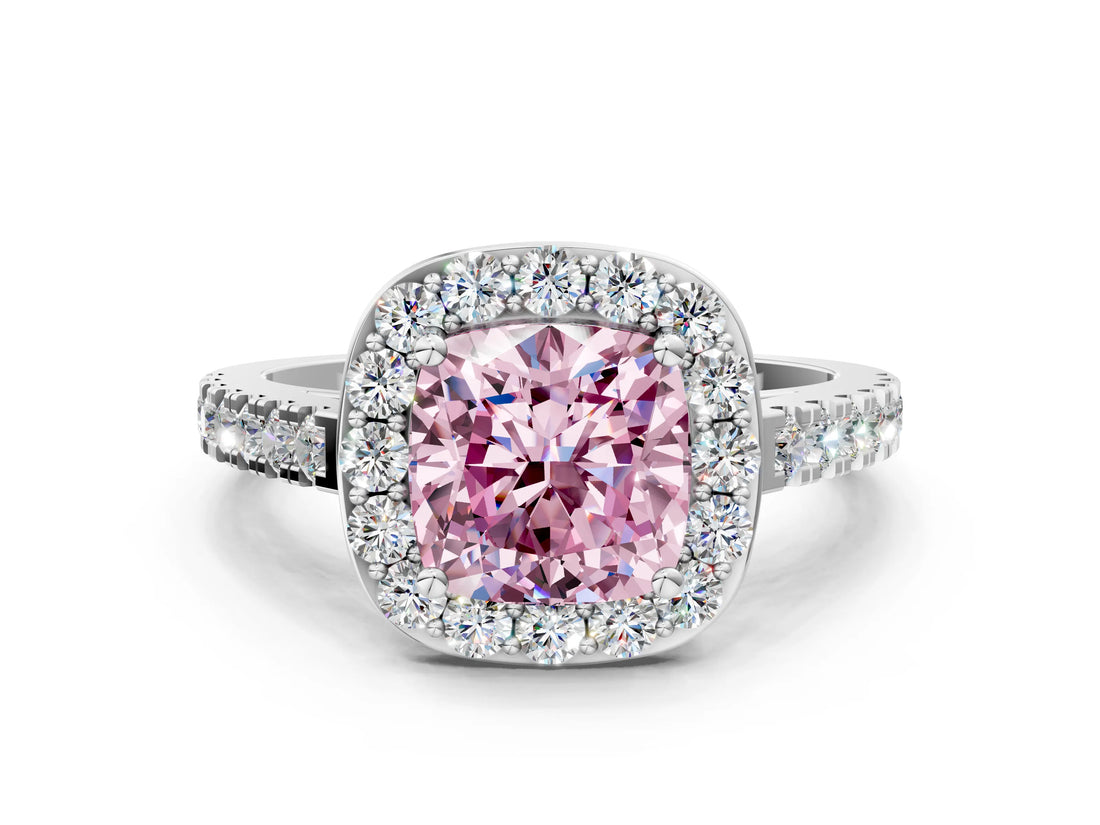 White gold Fancy Pink Cushion Cut Halo Diamond Ring with Pavé Band and Three-Prong Setting_12