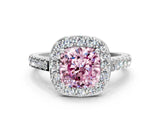 White gold Fancy Pink Cushion Cut Halo Diamond Ring with Pavé Band and Three-Prong Setting_12