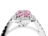 White gold Fancy Pink Cushion Cut Halo Diamond Ring with Pavé Band and Three-Prong Setting_16