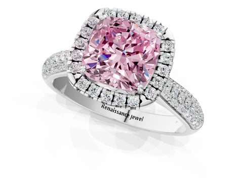 White gold Fancy Pink Cushion Cut Halo Diamond Ring with Pavé Band_1