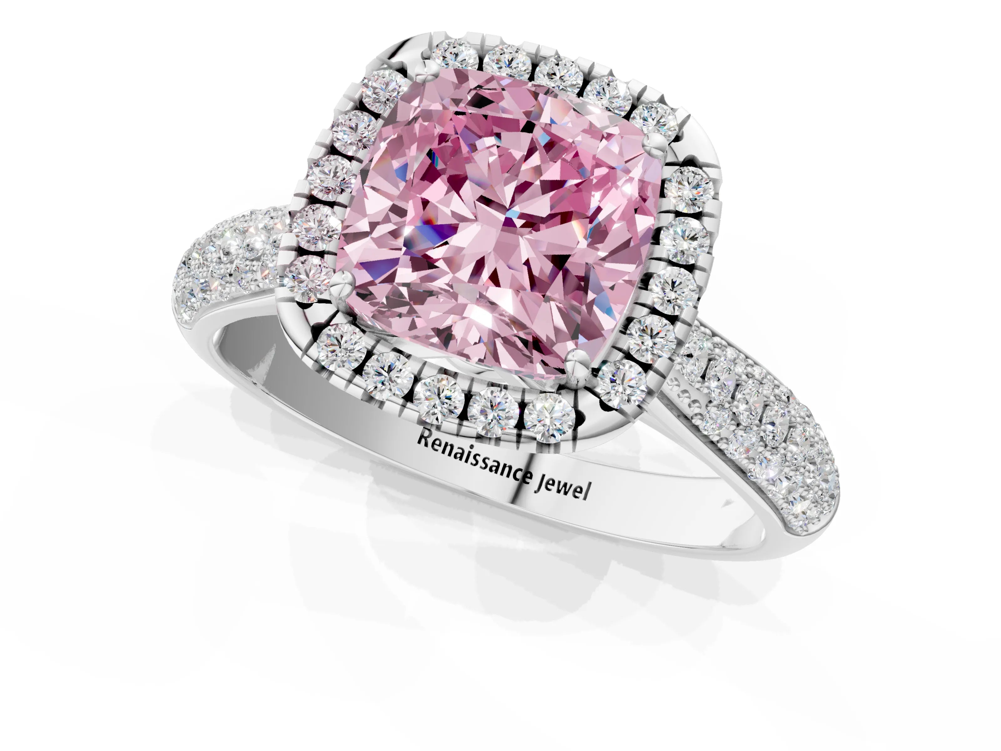 White gold Fancy Pink Cushion Cut Halo Diamond Ring with Pavé Band_1