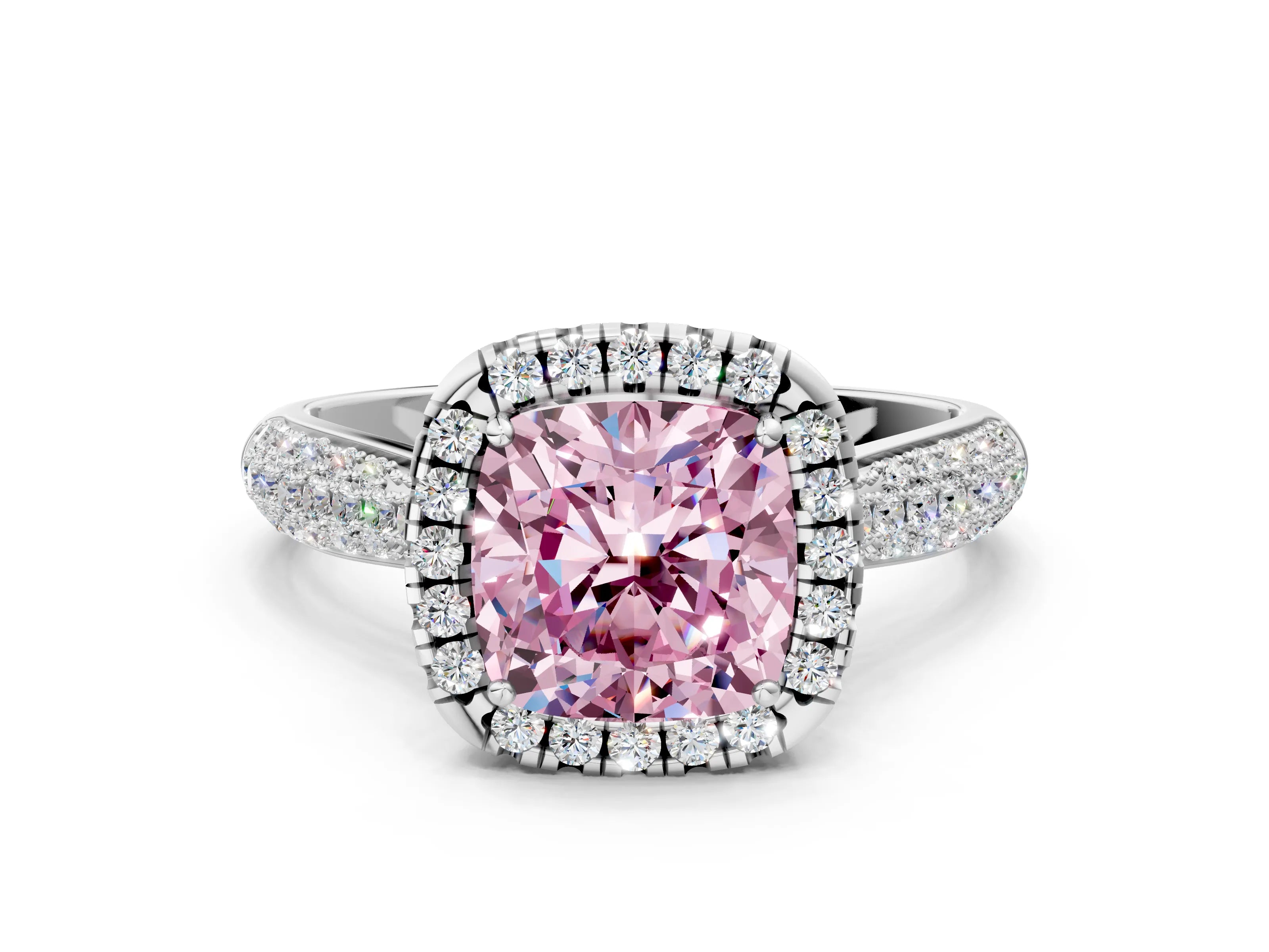 White gold Fancy Pink Cushion Cut Halo Diamond Ring with Pavé Band