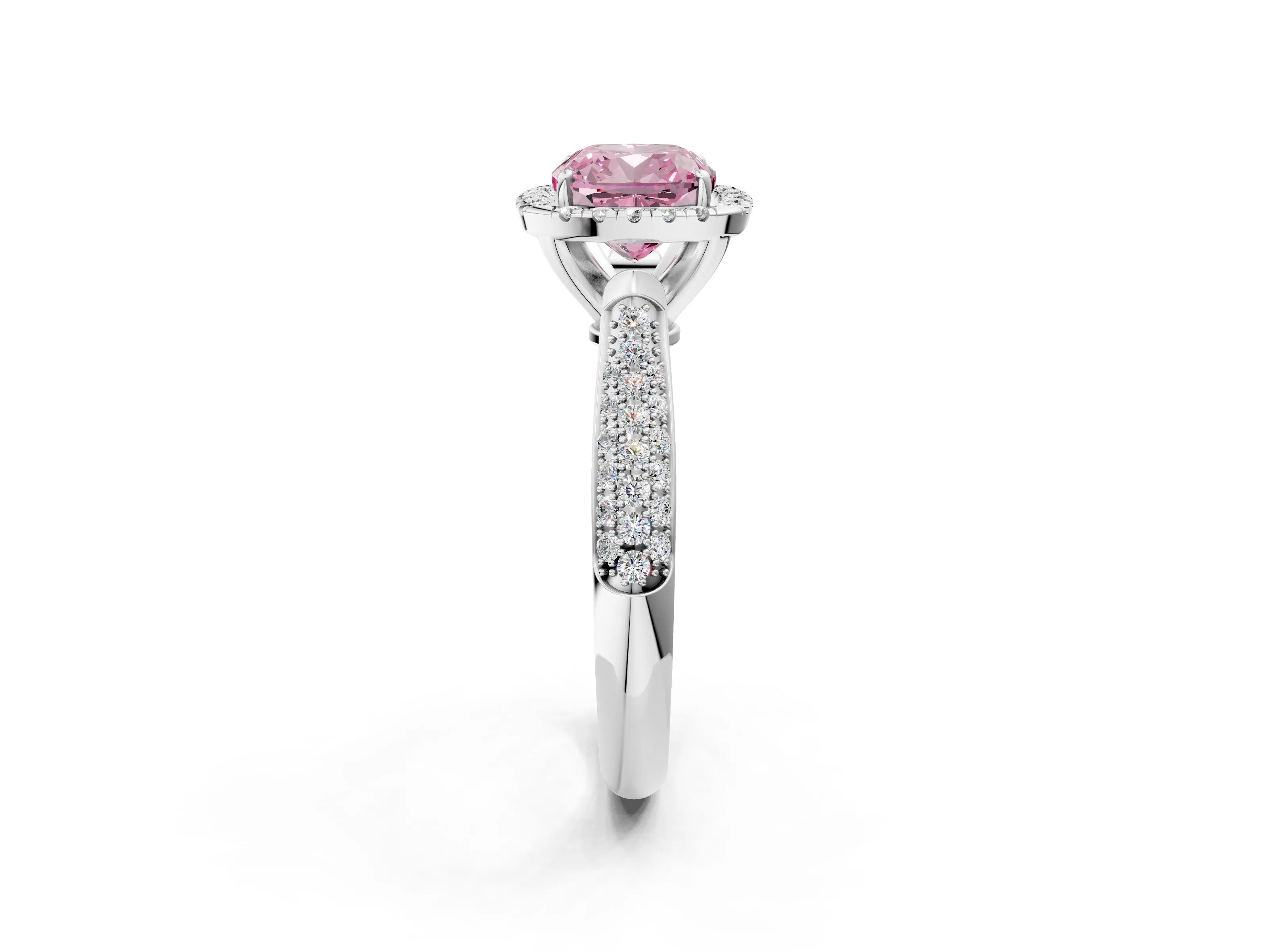 White gold Fancy Pink Cushion Cut Halo Diamond Ring with Pavé Band_2